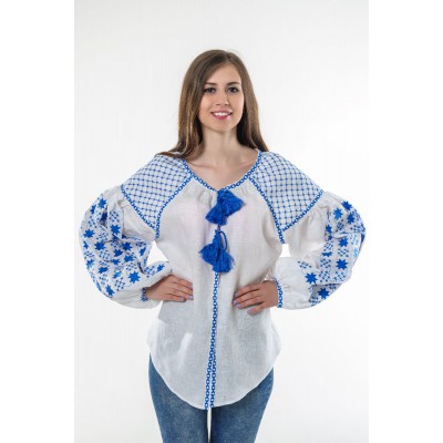 Boho Style Ukrainian Embroidered Folk  Blouse "Starry Sky" blue on white